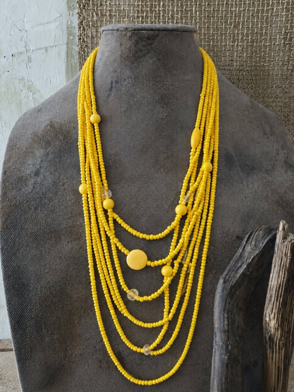 Yellow Vintage Multi-Layer Beaded Statement Necklace | Long Boho Seed Bead